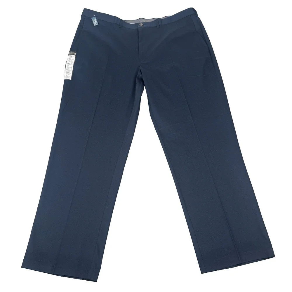 Haggar Premium No Iron Khaki Pants Mens 44x32 Navy Flat Classic Fit Stretch NWT